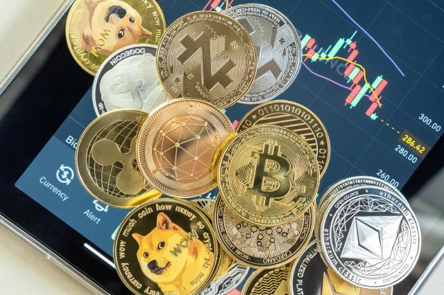 Coins of various cryptocurrencies.