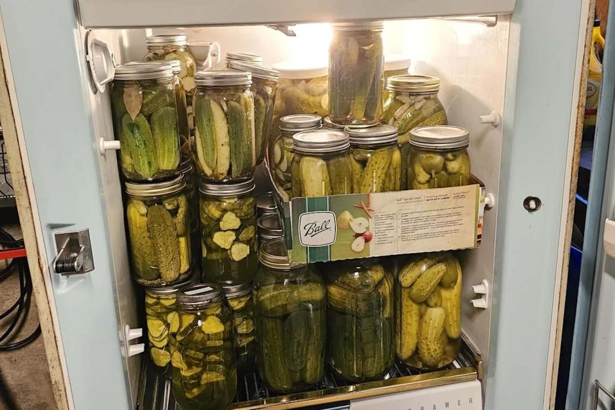 A refrigerator filled with jars of pickles.
