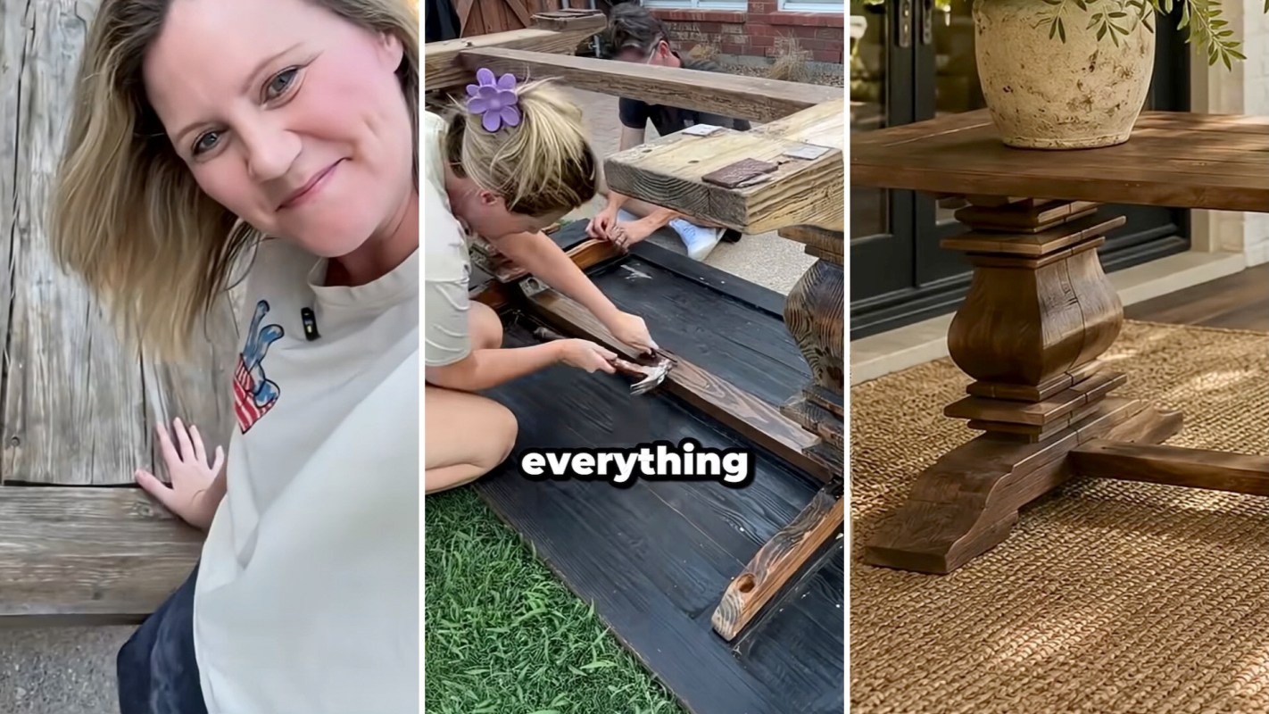 A woman works on sanding wooden furniture while a finished table with a potted plant is displayed.