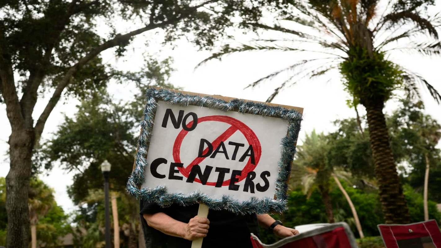 A person holds a sign that reads "NO DATA CENTERS" in a park with palm trees.