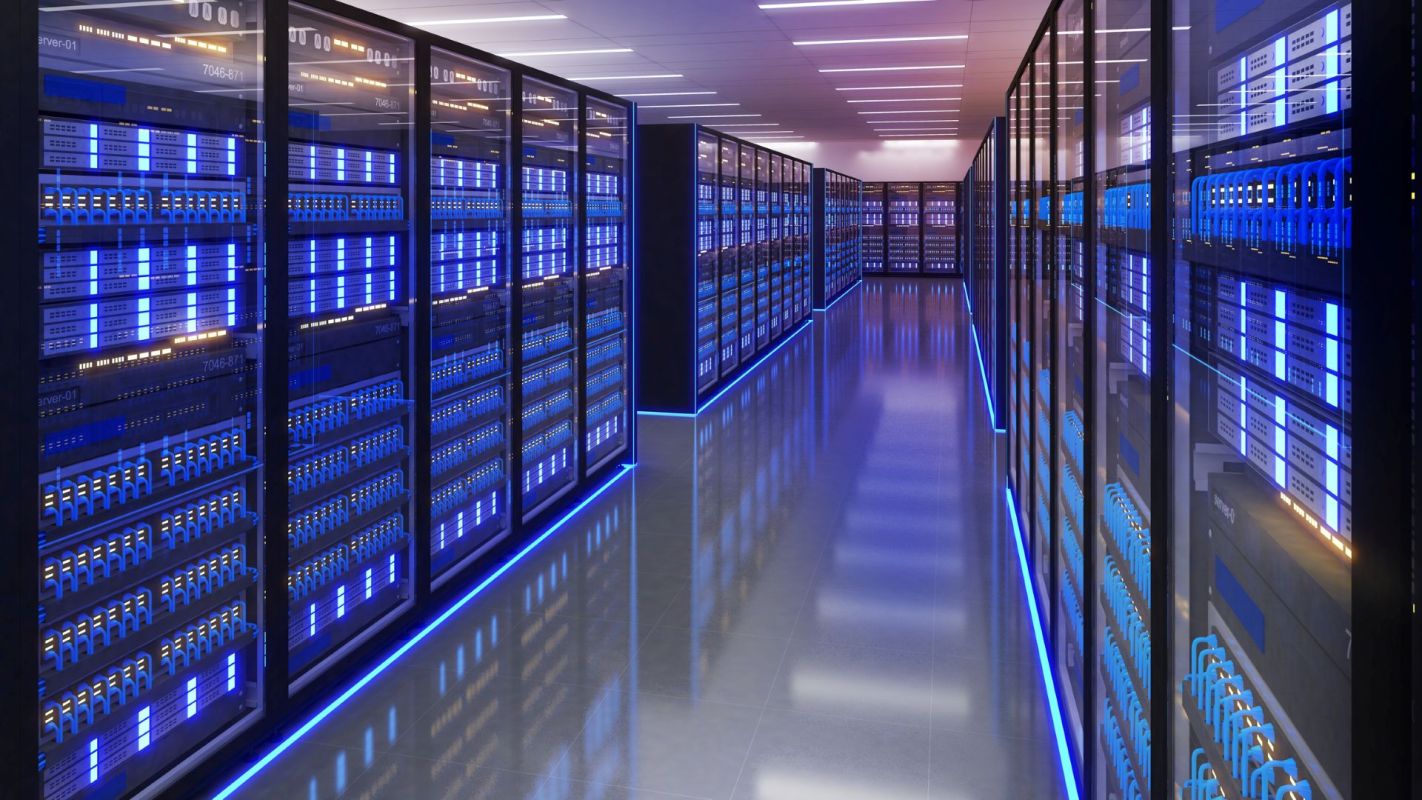 Server racks in a data center.