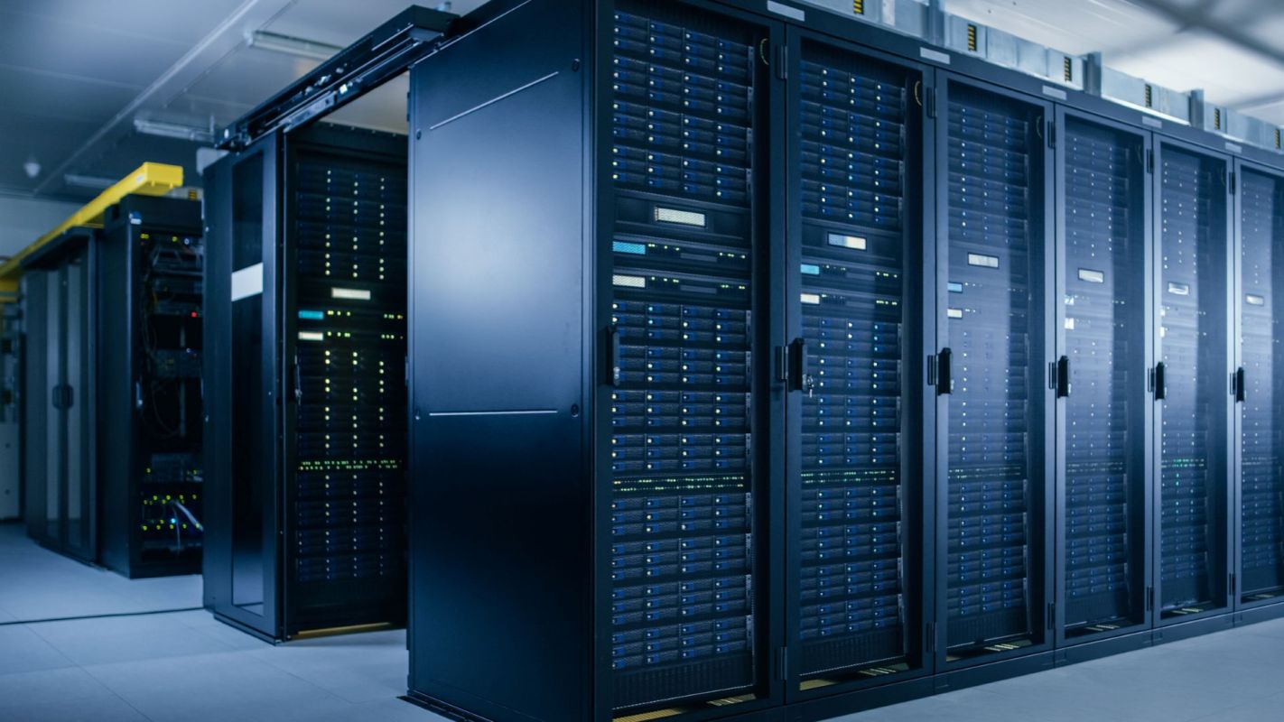 Rows of server racks in a data center.