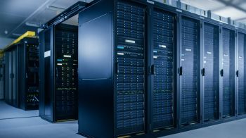Rows of server racks in a data center.