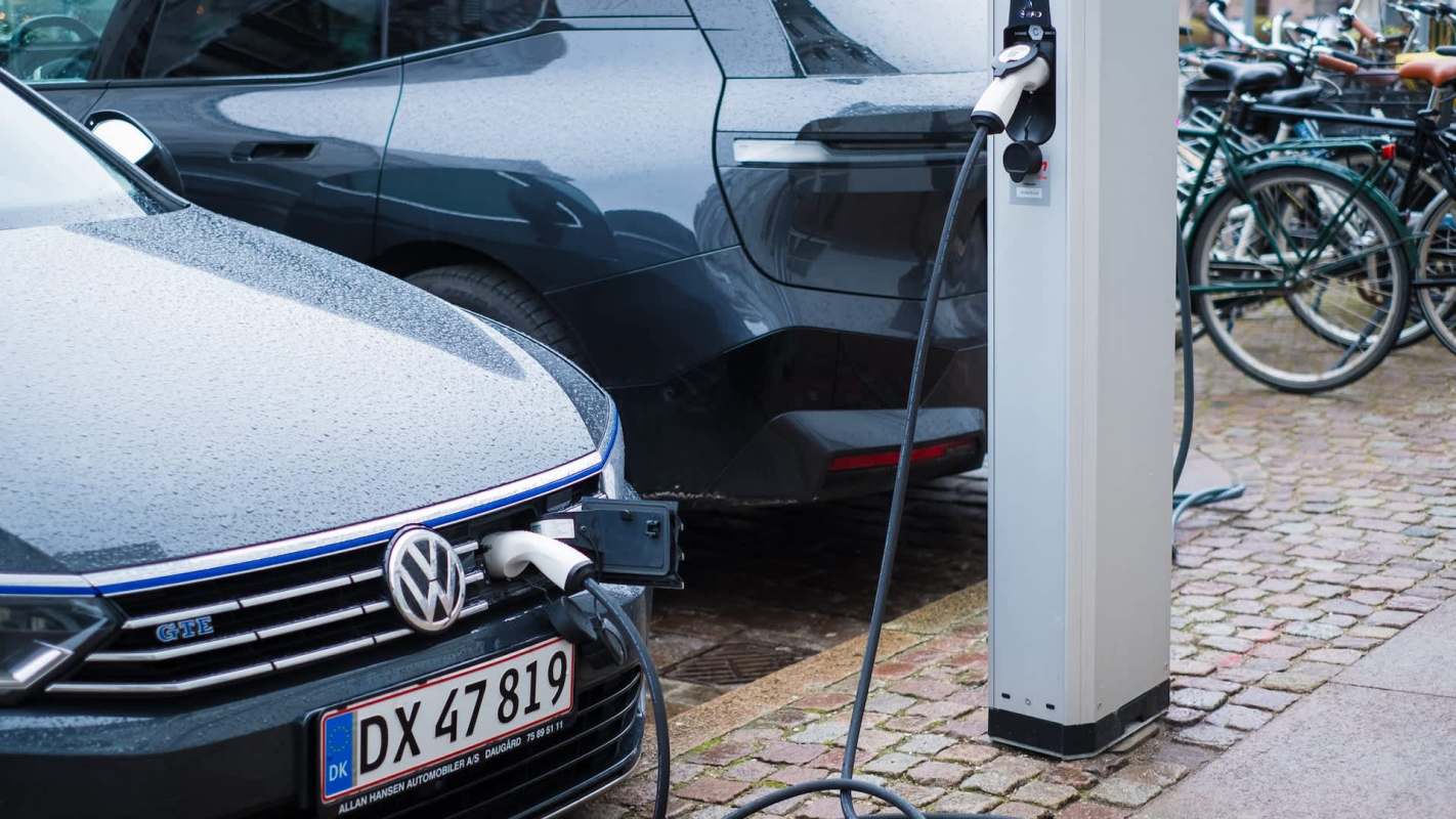 An electric car at a charging station.