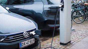 An electric car at a charging station.