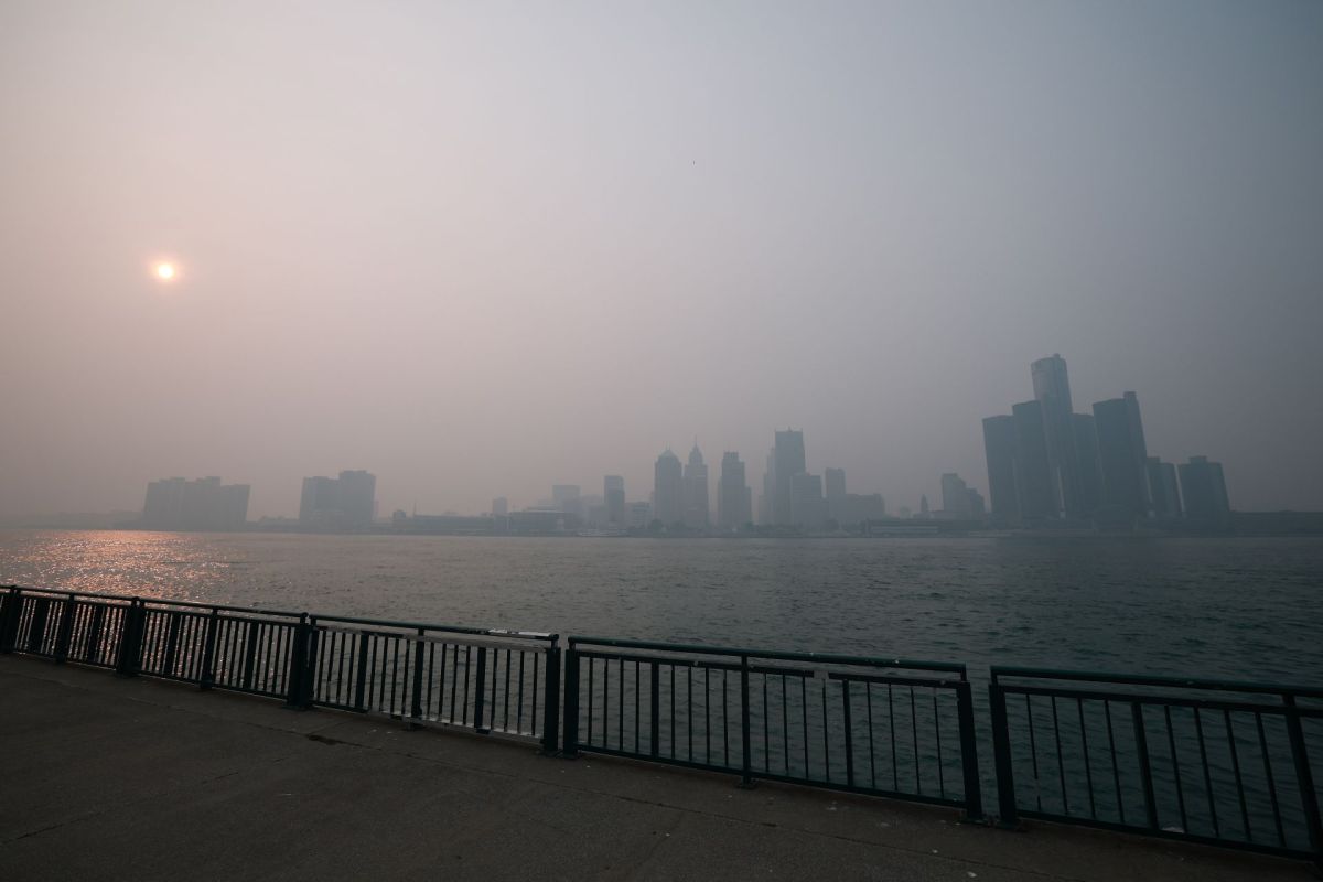 Canadian wildfire smoke along the Detroit skyline.