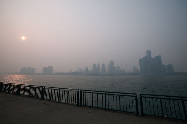 Canadian wildfire smoke along the Detroit skyline.
