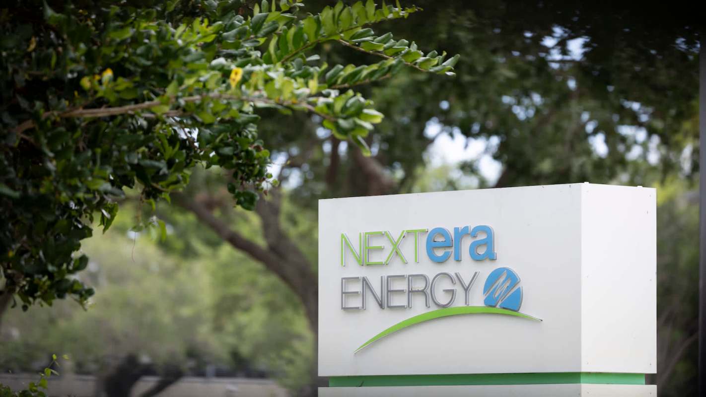 A sign for NextEra Energy surrounded by greenery.