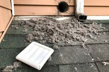 A roof area covered in lint and debris near a vent and a detached vent cover.