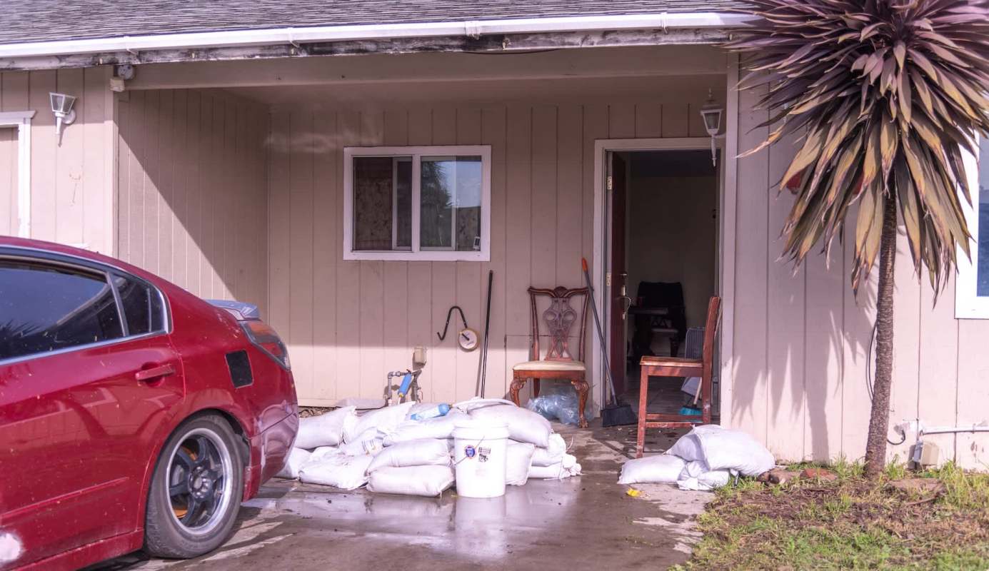A house with sandbags.