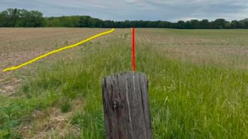 A wooden post stands in a grassy area, with two colored lines marking a field boundary in the distance.
