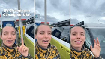 A person speaks near an electric vehicle charging station, discussing EV charging in Canada versus the USA.
