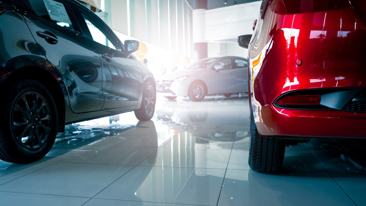 Cars in a showroom.