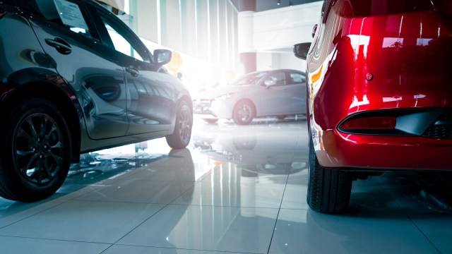 Cars in a showroom.