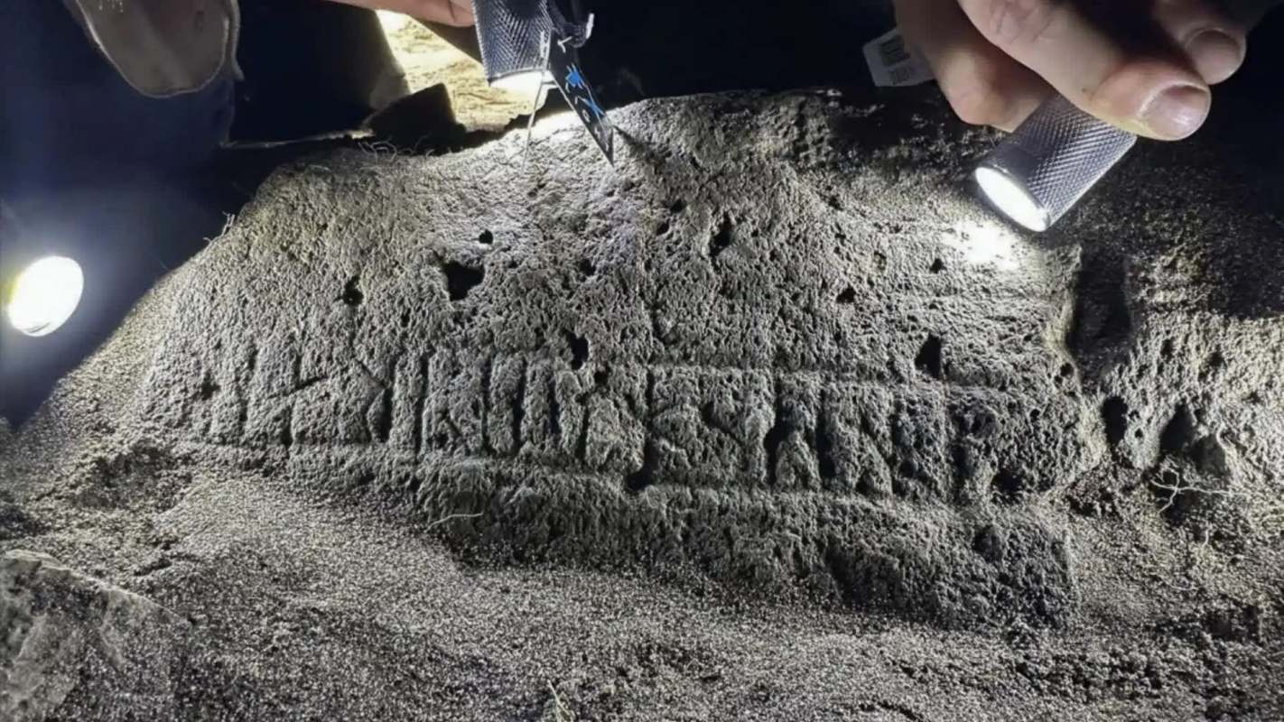 An archaeologist examines engraved markings on a rocky surface using a flashlight.