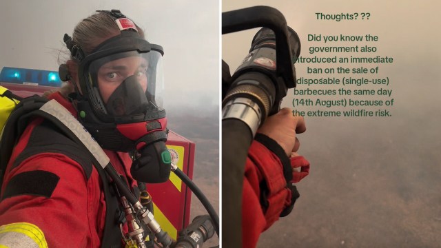 A firefighter in protective gear stands in a smoky environment, holding a hose and equipment.