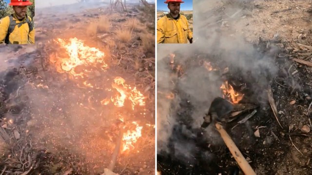 A firefighter creating a firebreak for a spot fire.