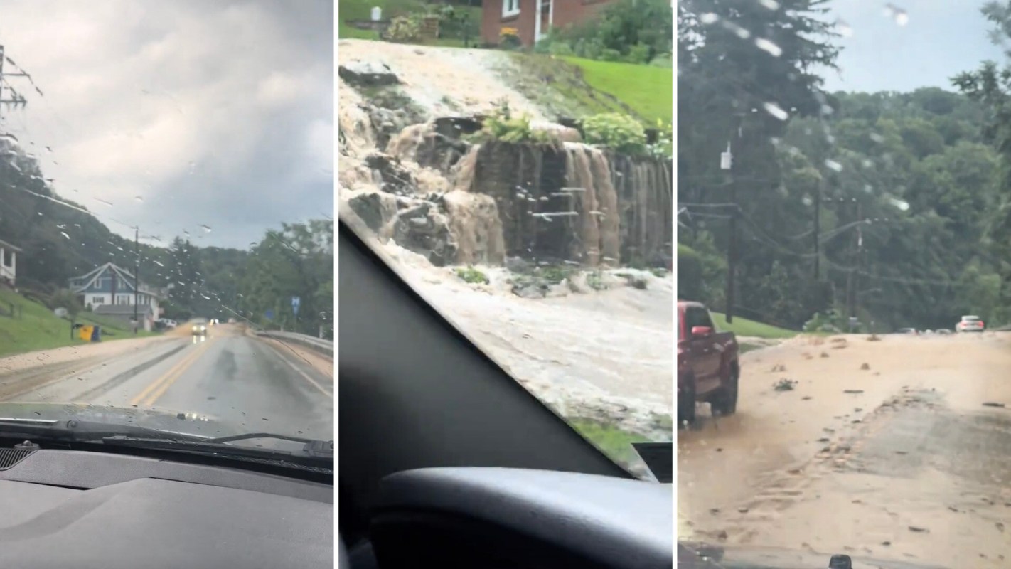 Three images showing a rainy road, a waterflow over rocks, and a flooded street with debris.