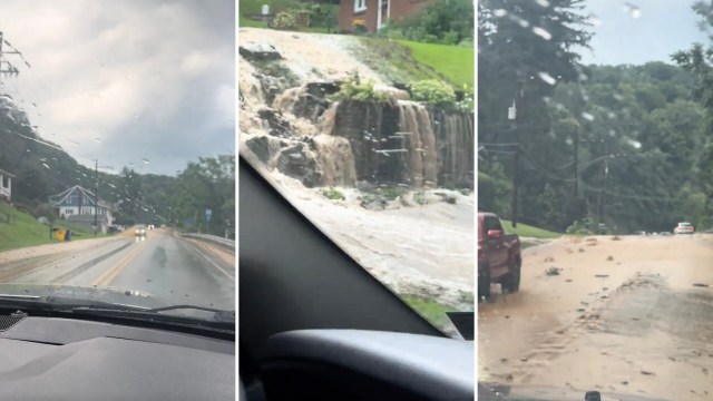 Three images showing a rainy road, a waterflow over rocks, and a flooded street with debris.