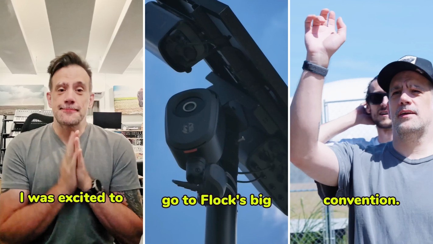 A man with clasped hands in an indoor setting, a camera mounted outside, and a man gesturing outdoors.