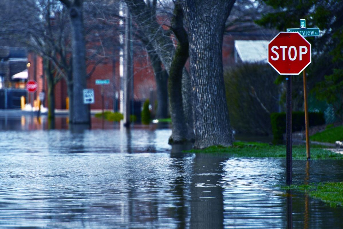 A flooded residential street.
