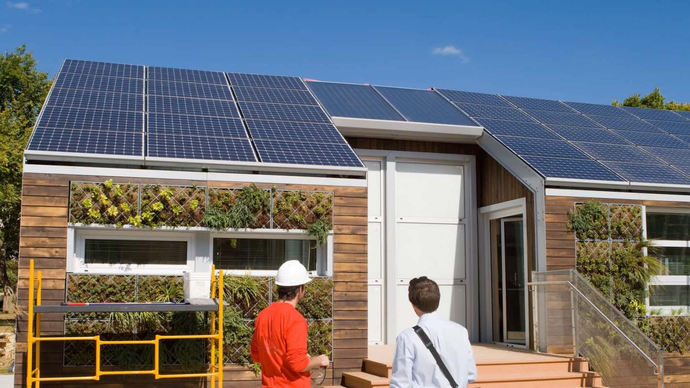 A house with rooftop solar panels.
