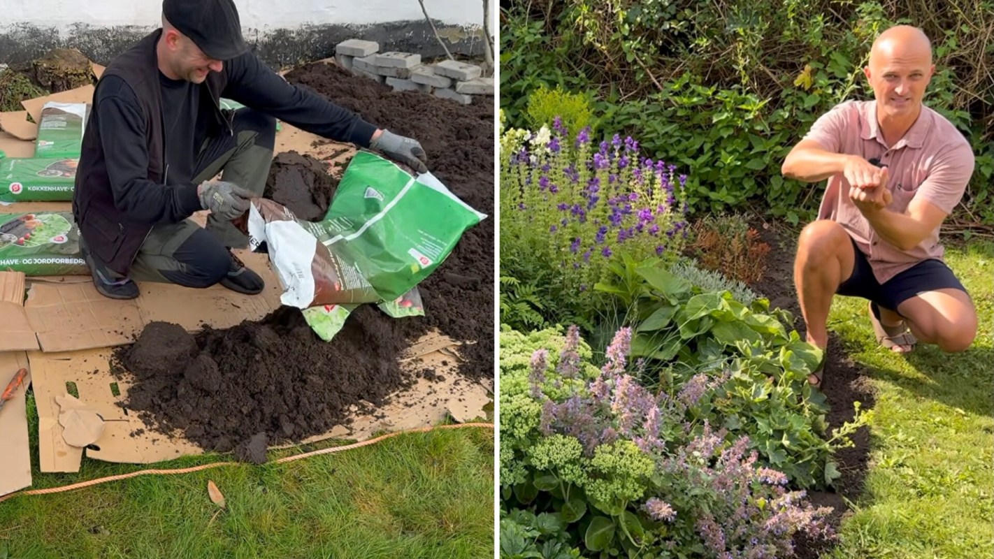 A person adding soil to a garden area and posing next to flowers.
