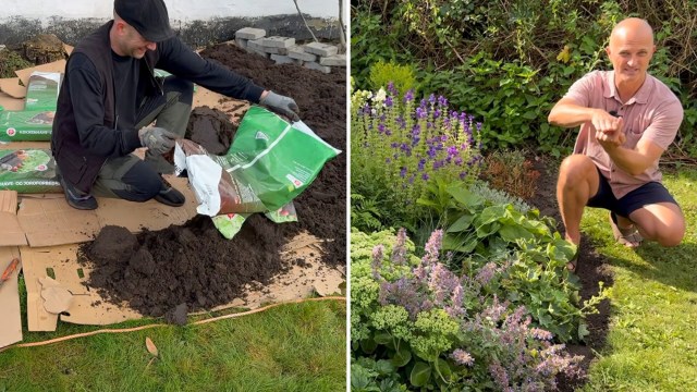 A person adding soil to a garden area and posing next to flowers.