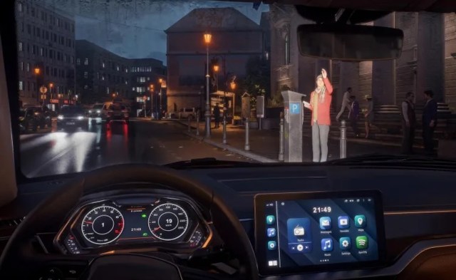 A video game showing the view from the interior of a car looking out at a street with a person hailing for a ride.