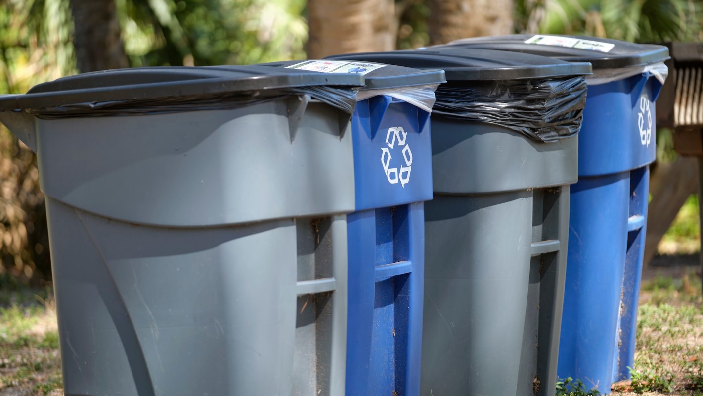 Trash and recycling bins.