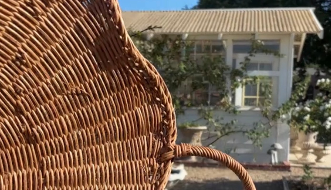 A woven basket in a garden.