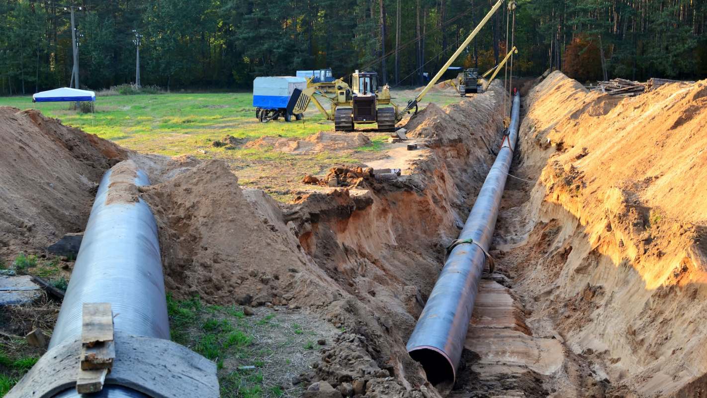 A pipeline installation site with excavated earth and construction equipment nearby.