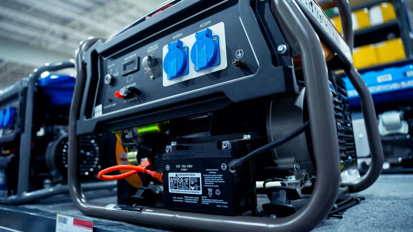 A portable generator with blue outlets and a battery displayed on a store shelf.