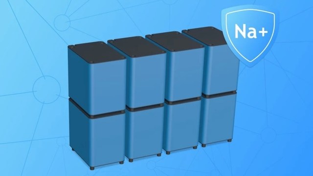 A stack of blue containers against a light blue background with a "Na+" shield emblem.