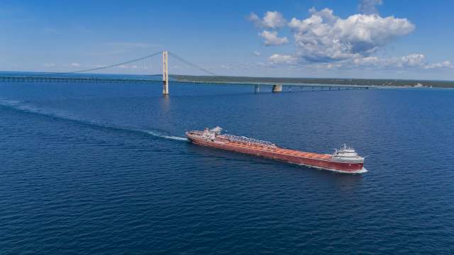 A large cargo ship navigates through a body of water near a bridge.