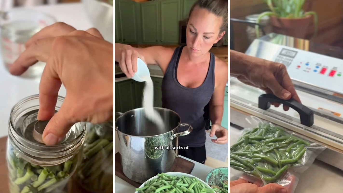 A person adds sugar to a pot while preparing green beans for canning and sealing.