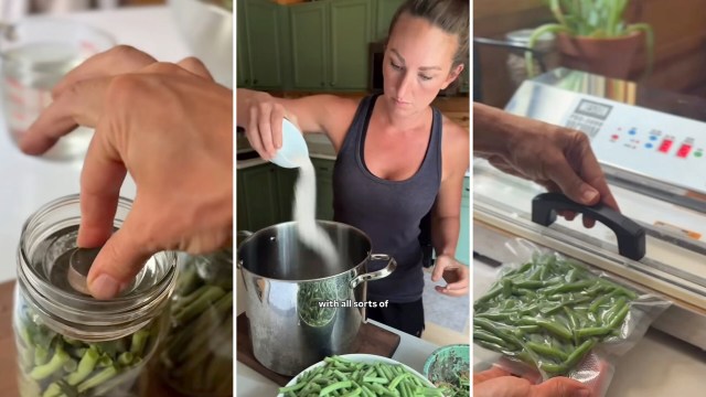A person adds sugar to a pot while preparing green beans for canning and sealing.
