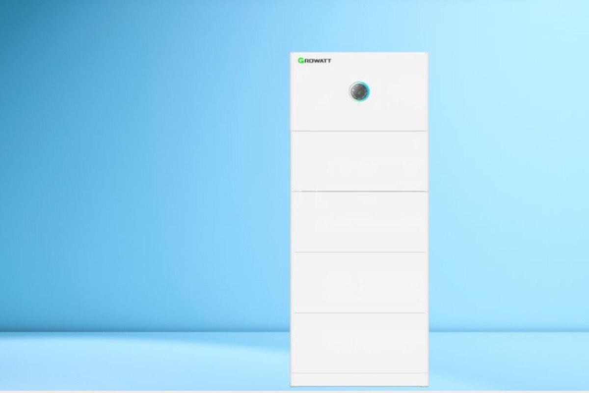 A white MINA home energy storage system against a blue background.