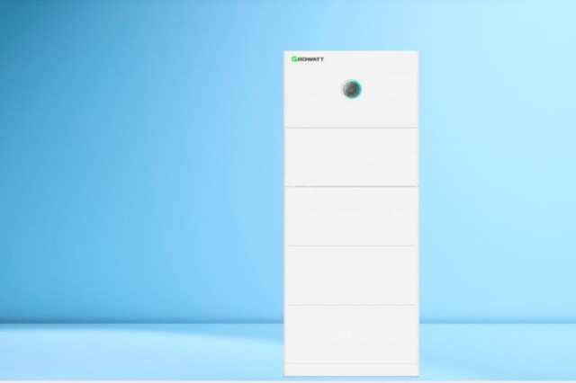 A white MINA home energy storage system against a blue background.