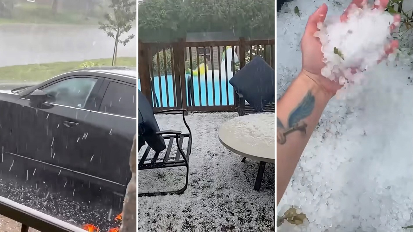 Hail on a deck and the ground after a storm.
