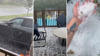 Hail on a deck and the ground after a storm.