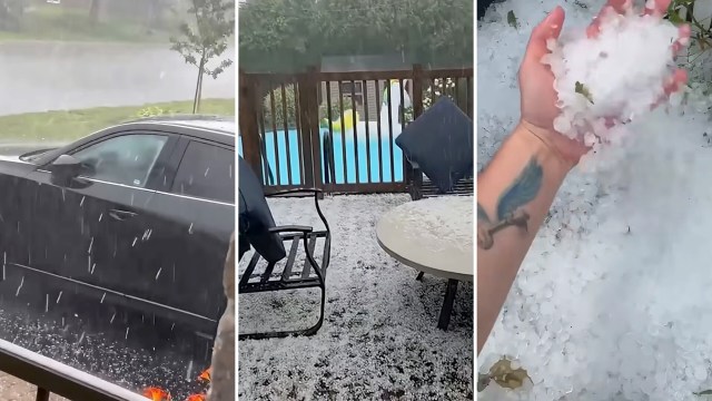 Hail on a deck and the ground after a storm.