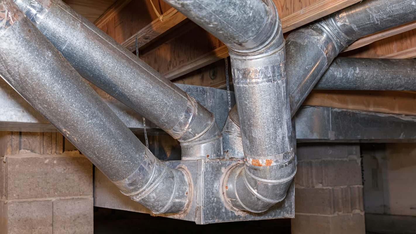 Metal ductwork in a basement.