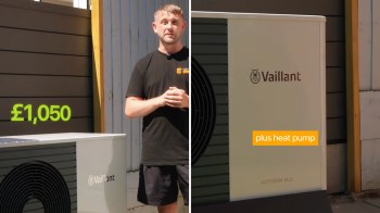 A man stands next to a Vaillant aroTHERM plus heat pump with a price tag of £1,050 displayed.