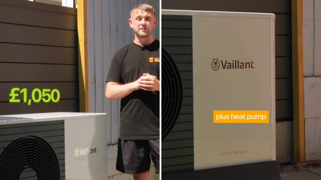 A man stands next to a Vaillant aroTHERM plus heat pump with a price tag of £1,050 displayed.