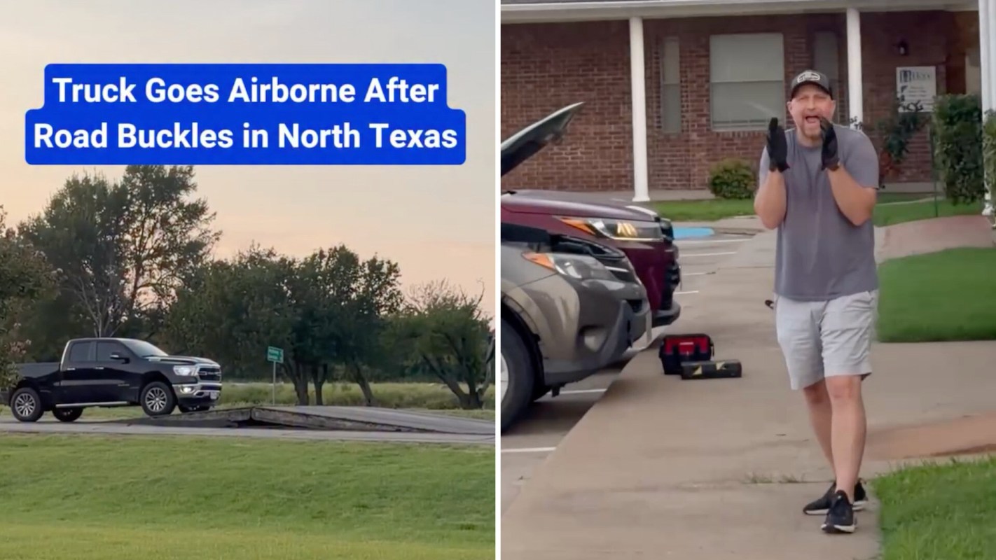 A black truck is positioned on a buckled road in North Texas, with a man nearby gesturing.