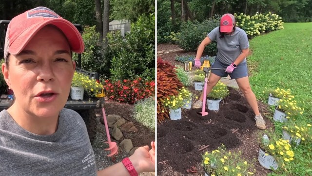 A woman uses a drill to dig in a garden surrounded by flowers and potted plants.