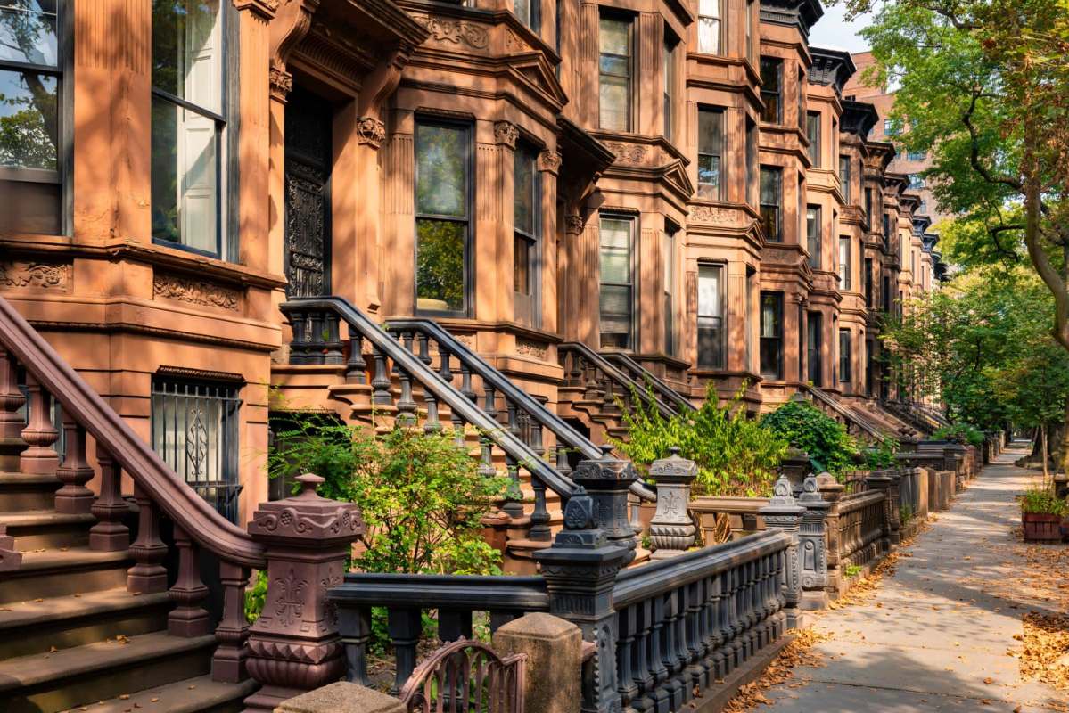 A row of brownstones in New York City.