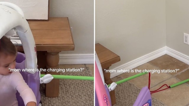 Kids playing with a toy car and asking where the EV charger is.