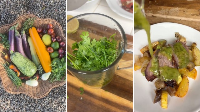 A basket of assorted fresh vegetables, a measuring cup with cilantro, and a plate of meat with sauce and roasted vegetables.
